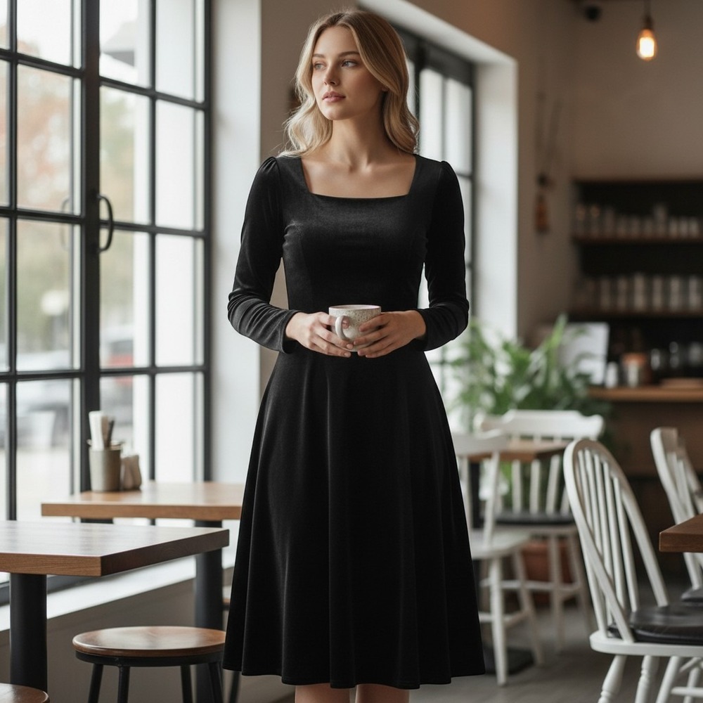 BeryLove Dress Women's Medium Black Velvet Square Neck Long Sleeve Fit & Flare